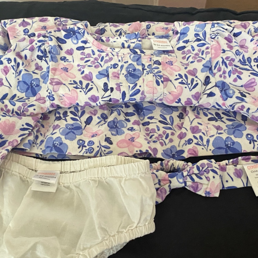NWOT 3 PIECE GIRLS GYMBOREE SWEET FLORAL CORDUROY DRESS WITH HEADBAND & BLOOMERS - Picture 2 of 3